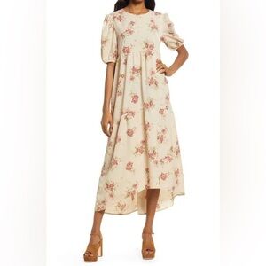 En Saison Floral Puff Sleeve High-Low Midi Dress in Natural Sz S